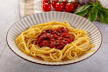 Italian pasta spaghetti bolognese with minced beef meat and tomato sauce