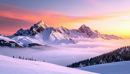A breathtaking winter landscape featuring snow-covered mountain peaks emerging from a blanket of clouds, illuminated by a vibrant sunrise.