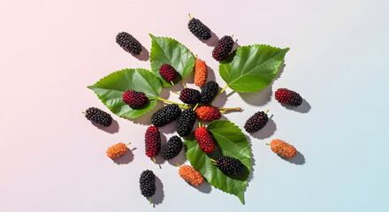 Naklejka premium Fresh mulberries with green leaves arranged on a white surface.