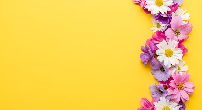 Vibrant spring flower garland border with daisy and purple blooms on bright yellow background