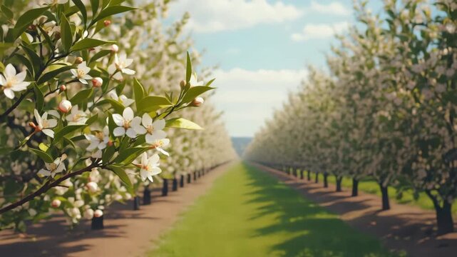 Blossoming orchard paths in springtime sunlight. 4K Video