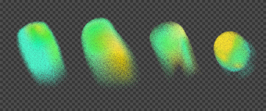 Grain abstract yellow green blob noise gradient icons. Grain vivid gradation fluid shape dot airbrush spray shape. Vector noise stippled abstract figures with grunge isolated on transparent background