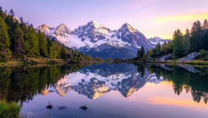 A stunning mountain landscape with snow-covered peaks and a calm lake reflecting the sky and mountains.