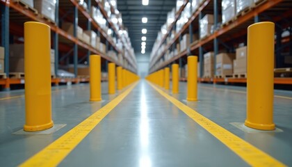 Wide perspective down a modern warehouse aisle with tall shelves stacked with goods. Yellow safety bollards and clear floor markings guide movement and ensure order within the storage facility.