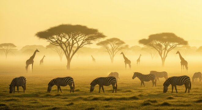 Zebras and giraffes graze peacefully on grassy savanna during misty sunrise. - Powered by Adobe