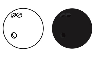Bowling Ball Vector Icon Set in Black Filled and Outline Styles. Perfect for sports illustrations, bowling alley graphics
