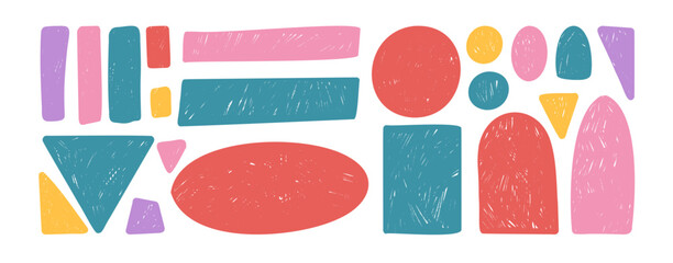 Handmade multi color geometric shape set. Text boxes irregular childish frames pack. Arch, lines highlight, circle and square figures. Vector hand drawn quotation crayon geometry uneven sticker shapes