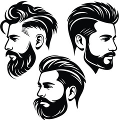 Three bearded men showcase fashionable hairstyles in silhouette portraits on a white backdrop