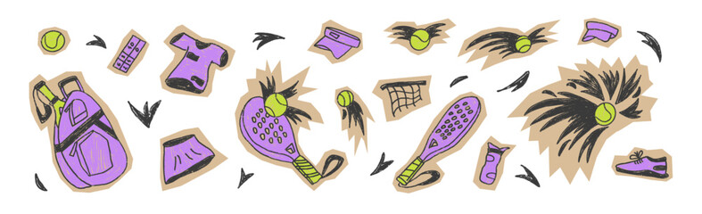 Padel tennis pencil drawn cutout stickers set. Racket, net, ball, sport cloth hand drawn collage icons isolated. Scribble sport equipment paper cut outs elements. Vector fitness illustration isolated.