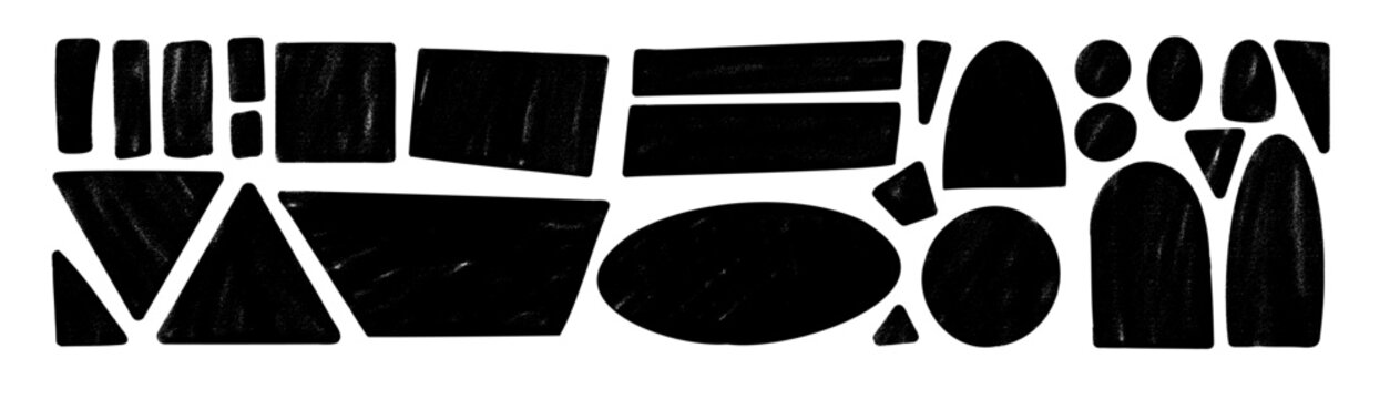 Black ink geometric shapes. Grunge hand drawn tags noise set. Ink rolled text boxes grainy textured frames. Arch, rectangle, triangle chalk crayon callouts figures. Vector pen quotation stickers.