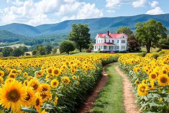 Vibrant sunflowers surround a charming farmhouse in the countryside Generative AI