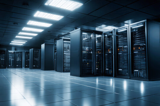 Large data center filled with server racks in a dimly lit, high-tech environment