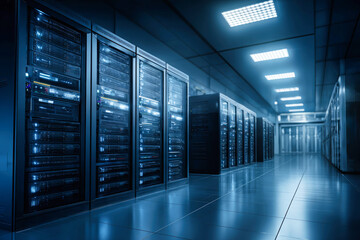 Data center with rows of servers and blue lighting in a modern facility