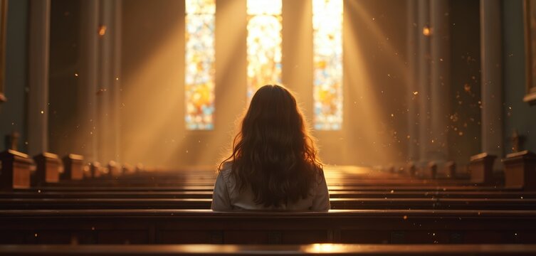 Rear view of a woman sitting on church bench. Sunlight comes through the stained glass window. Female alone looks at light. Prayer, religious solitude, hope and spirituality concept.