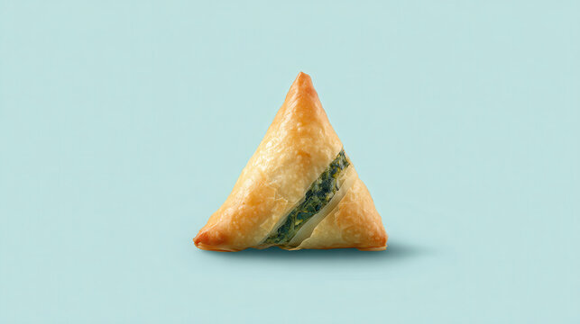 Triangular spinach pastry with golden crust on light blue background.