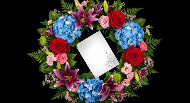 A beautiful floral wreath with a blank card for a message of sympathy or remembrance