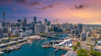 Fototapeta premium 18 November 2025 Panoramic night view of Sydney Harbour and City Skyline of NSW Australia beautiful colourful skies on a beautiful spring day
