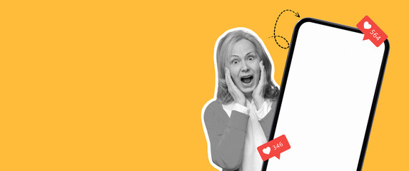 A woman is surprised while interacting with a large phone display that shows social media notifications. Bright colors enhance the joyful mood of digital engagement and connection.