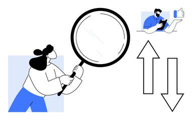 Woman examining with large magnifying glass, upward and downward arrows, man holding phone showing approval. Ideal for research, analytics, decision-making, feedback, investigation, observation