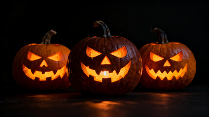 Three carved pumpkins with glowing faces