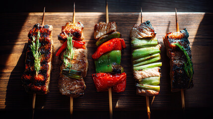 Fototapeta premium Grilled meat and vegetable skewers with herbs on dark wood.