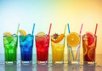 Row of colorful cocktails with fruit garnishes isolated on white background