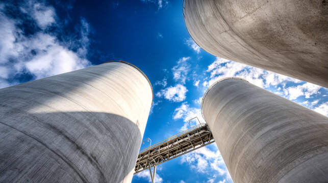 Factory chimneys reaching towards a bright blue sky with scattered clouds during daytime