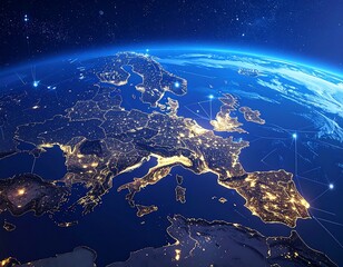 A luminous, nighttime view of Europe from space, highlighting city lights and connecting lines against a backdrop of stars and the atmosphere