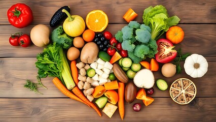 Assortment of fresh foods arranged in a heart shape on a rustic wooden surface, symbolizing health.