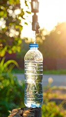 Refilling a Plastic Water Bottle from an Outdoor Tap.