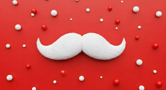 Fluffy white santa claus mustache on a vibrant red background with scattered white and red decorative pearls and confetti - Powered by Adobe