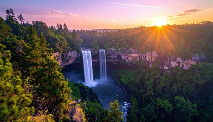 A breathtaking natural landscape featuring two powerful waterfalls plunging into a clear pool, framed by dense green foliage and illuminated by the warm glow of