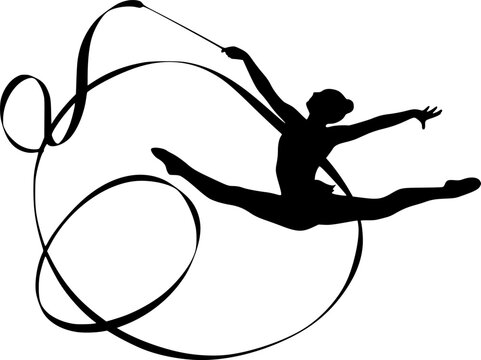 Black silhouette of a rhythmic gymnast in mid-air performing a split leap with pointed toes