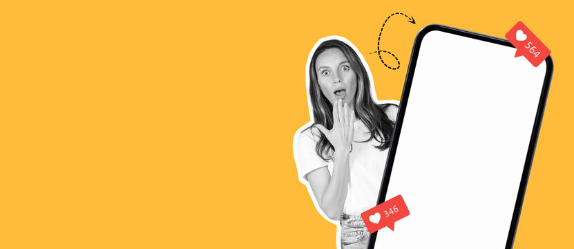 Surprised individual reacts to social media notifications on a bright yellow background. The collage captures the excitement and impact of digital interactions in modern life.