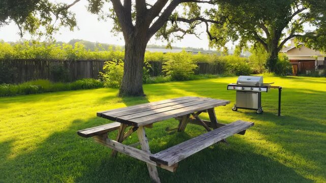 Outdoor picnic setup with grill in sunny backyard. 4K Video