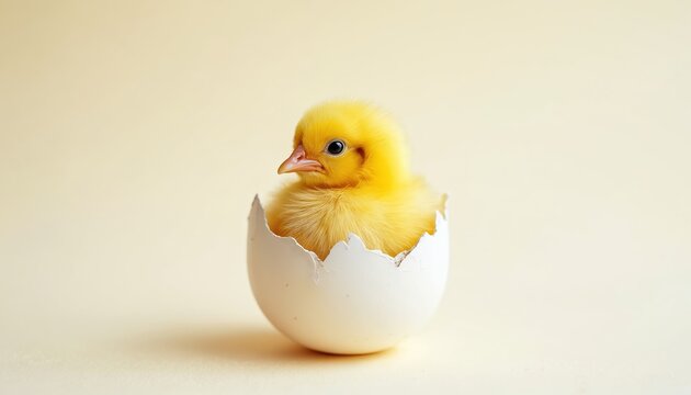 Tiny yellow chick sits in cracked eggshell on light backdrop. Cute fluffy bird looks from shell. Spring holiday card design. Easter concept of new life and beginnings.