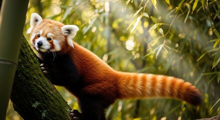 Adorable Red Panda Climbing Mossy Tree Trunk