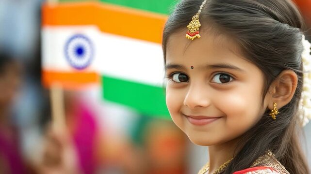 A young girl waving a flag, possibly for a parade or celebration