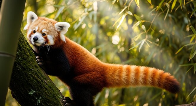 Adorable Red Panda Climbing Mossy Tree Trunk