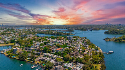 18 November 2025 Panoramic night view of Sydney Harbour and City Skyline of NSW Australia beautiful colourful skies on a beautiful spring day