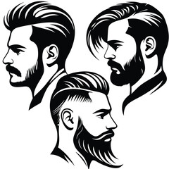 Three bearded men with stylish haircuts are depicted in black and white silhouettes