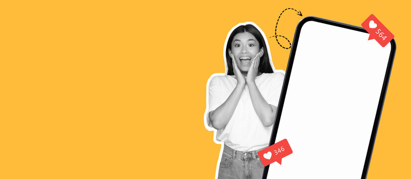 A young woman stands with a bright smile, showing excitement and surprise. She is next to a large smartphone displaying high engagement numbers, capturing a joyful moment in a playful setting. - Powered by Adobe