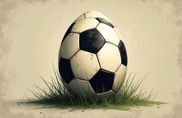 Vintage soccer ball shaped like egg rests on grass. Grunge texture and distressed look add retro appeal. Ideal for Easter or sports themes. This graphic blends sport and holiday.