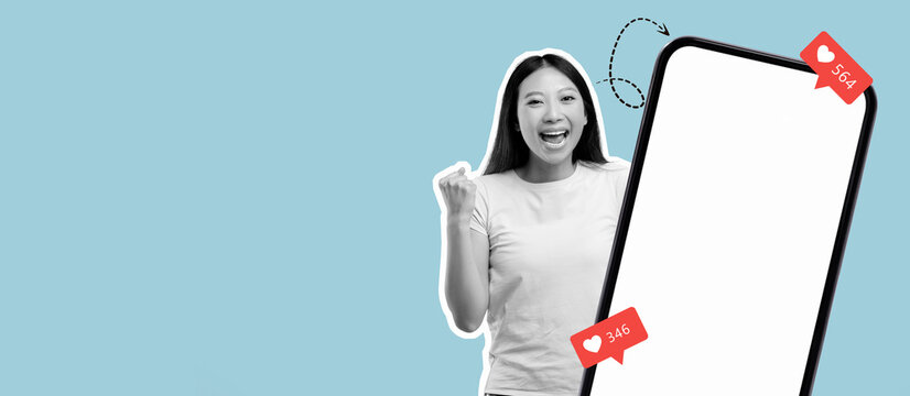A woman celebrates her success with a big smile as she interacts with a smartphone showing likes and notifications. The background is bright and colorful, enhancing her joyful moment.