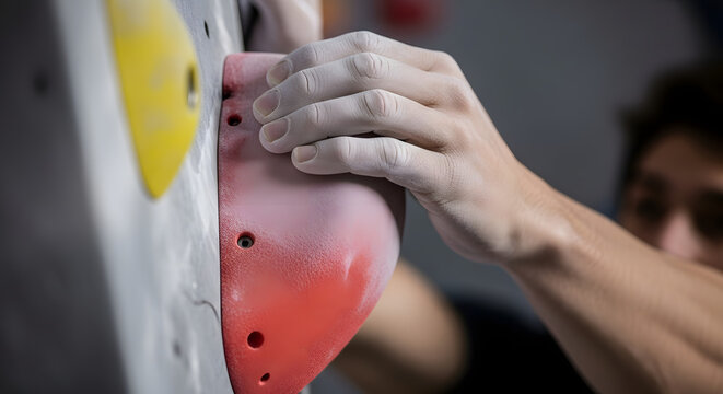 Close up of a climber's hands gripping holds on an indoor climbing wall tightly
