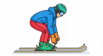 An illustration of a skier adjusting bindings before a run, a useful graphic for safety guides and winter sports tutorials.