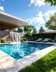 A luxurious outdoor space with a pool, waterfall feature, lounge chairs, and manicured landscaping under a blue sky