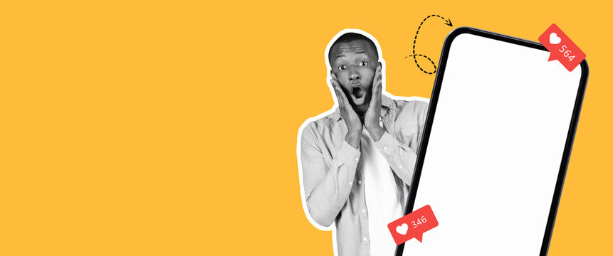 A person expresses surprise while looking at a smartphone with social media notifications. The bright yellow background enhances the lively scene, depicting engagement and curiosity.