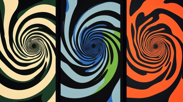Set of bold hypnotic spiral designs in contrasting colors creating dynamic retro optical illusion artwork