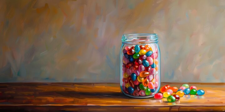 Colorful jelly beans fill a glass jar on a wooden table, a sweet treat for any occasion. - Powered by Adobe